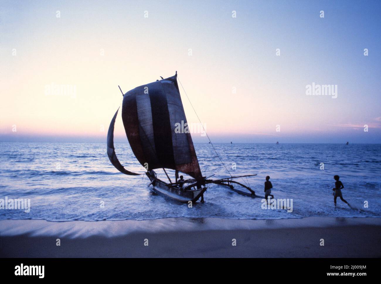 Sri Lanka. Negombo beach. Fishermen launching outrigger sailboat at dawn. Stock Photo