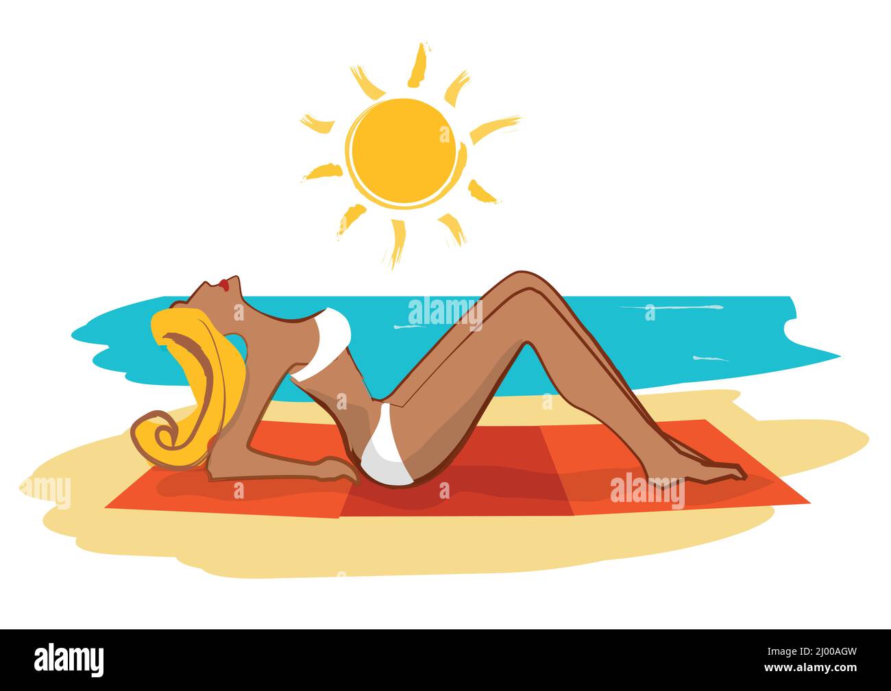 Beautiful girl sunbathing on the beach. Expresive Stylized illustration of tanned attractive girl in a white bathing suit lying on a blanket.. Stock Vector