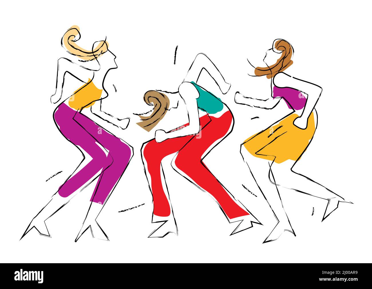 Three dancing girls, wild crazy dance party, line art cartoon. Expressive Illustration of dancers. Continuous Line Drawing. Stock Vector