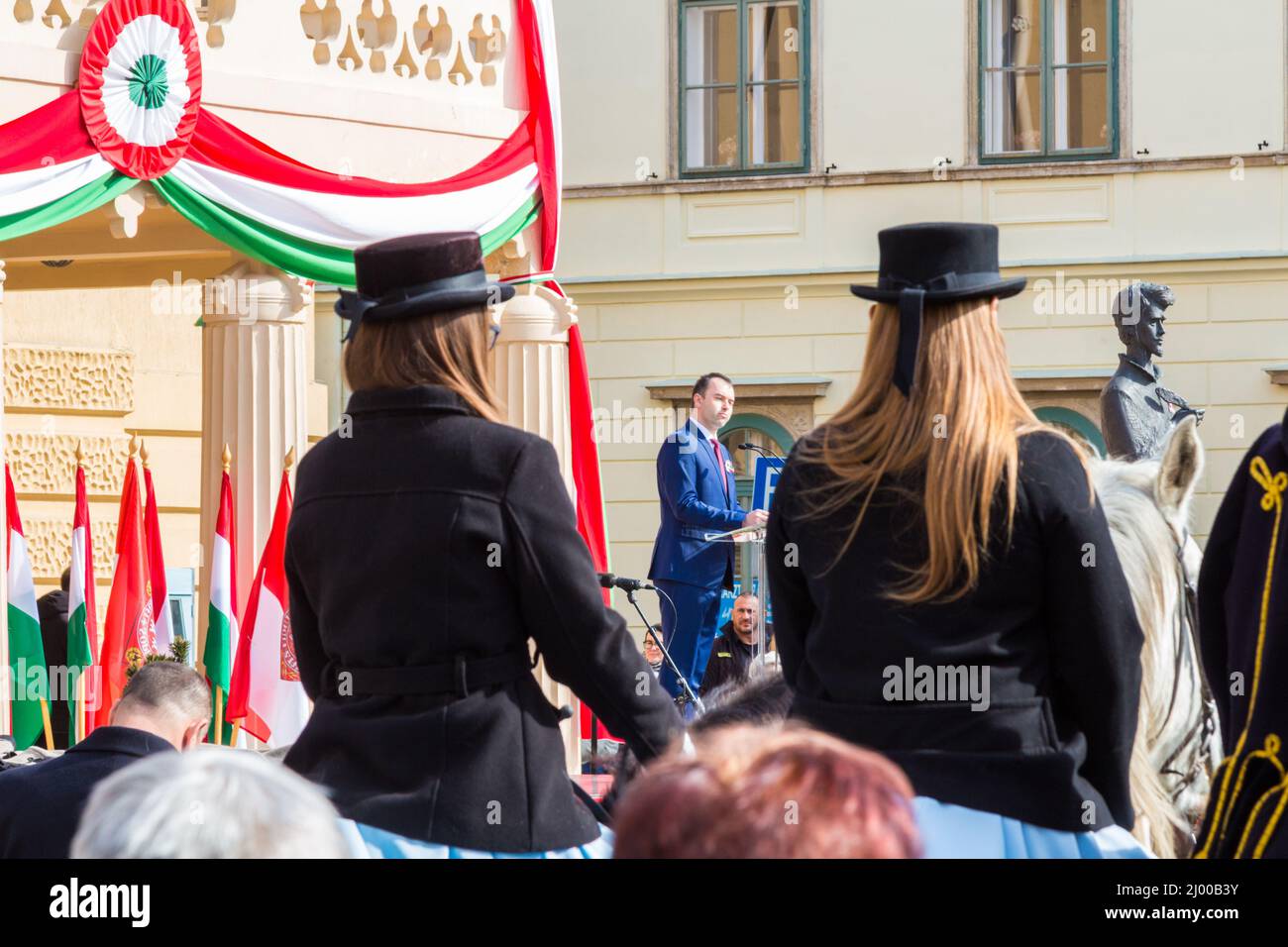 Celebration of the Hungarian Revolution of 1848 at Petofi ter, Sopron, Hungary, March 15 2022. Attila Barcza MP speaks Stock Photo