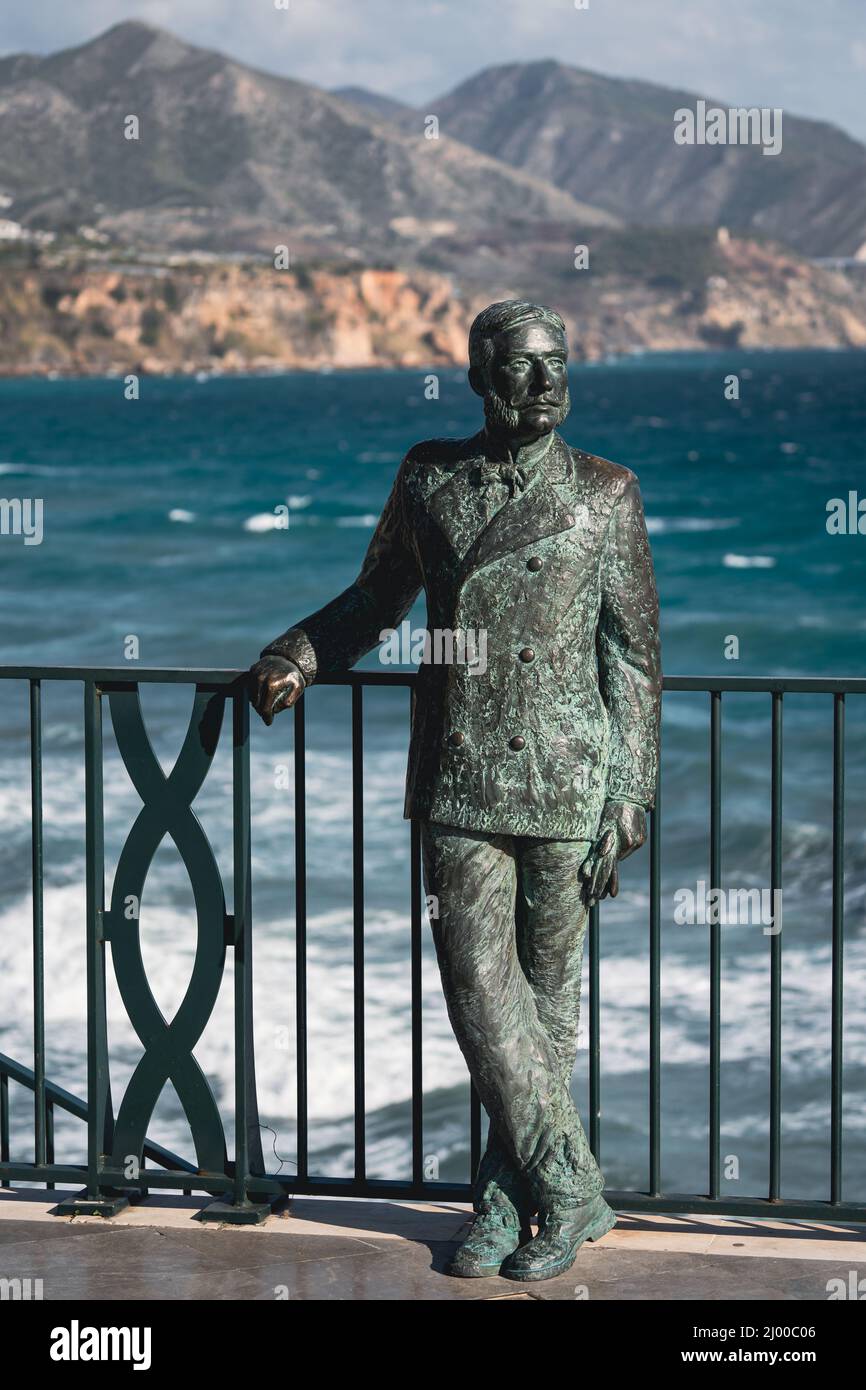 February 15 2022. Bronze statue of the King Alfonso XII ((The Peacemaker) in Balcón de Europa in Nerja, province of Málaga, Costa del Sol, Spain, Euro Stock Photo