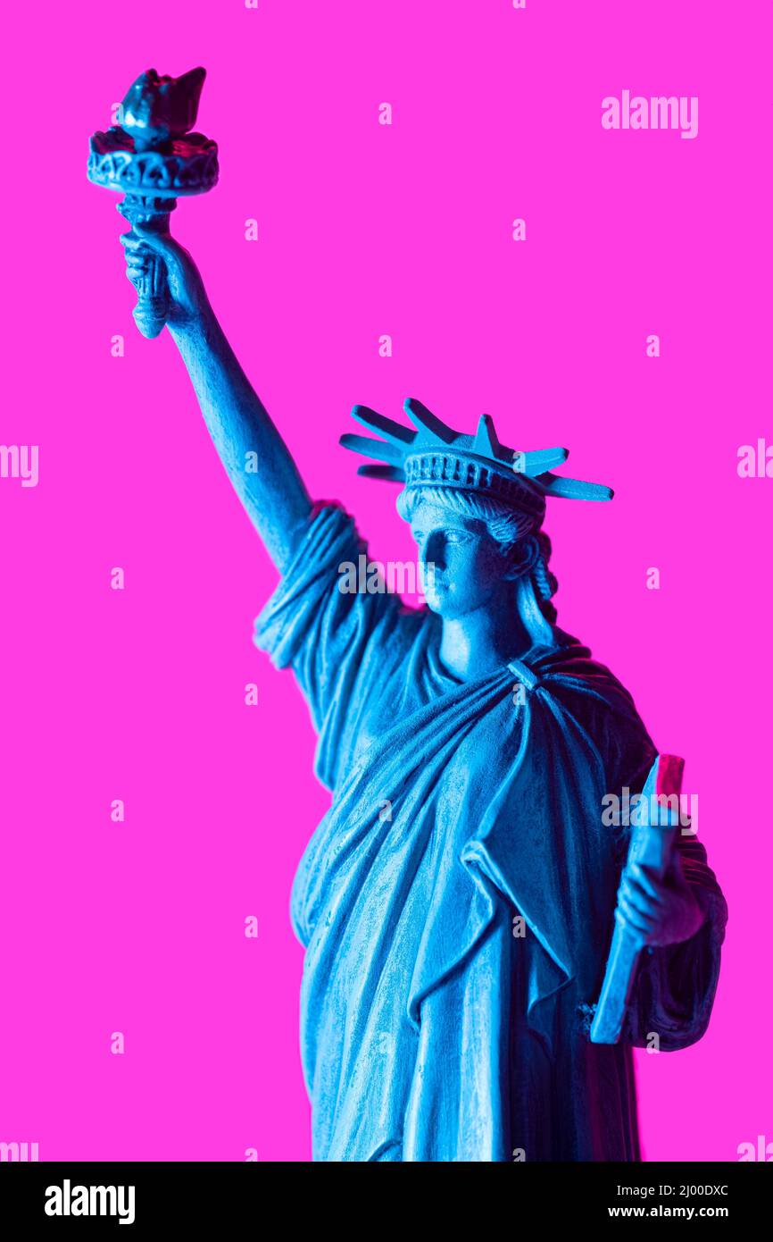 USA freedom and liberty futuristic background. Statue of liberty synth wave concept. Stock Photo