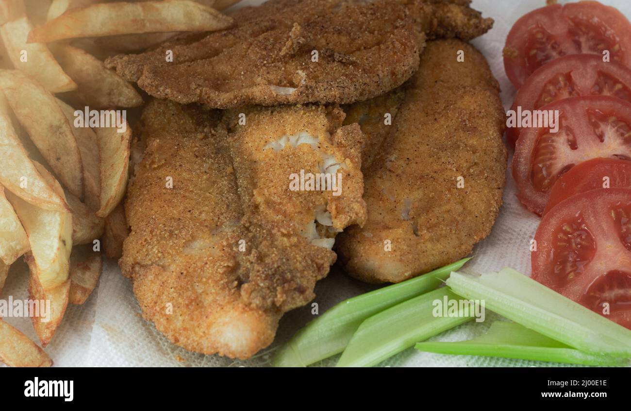 Catfish dinner plate with french fries, celery and sliced tomato Stock