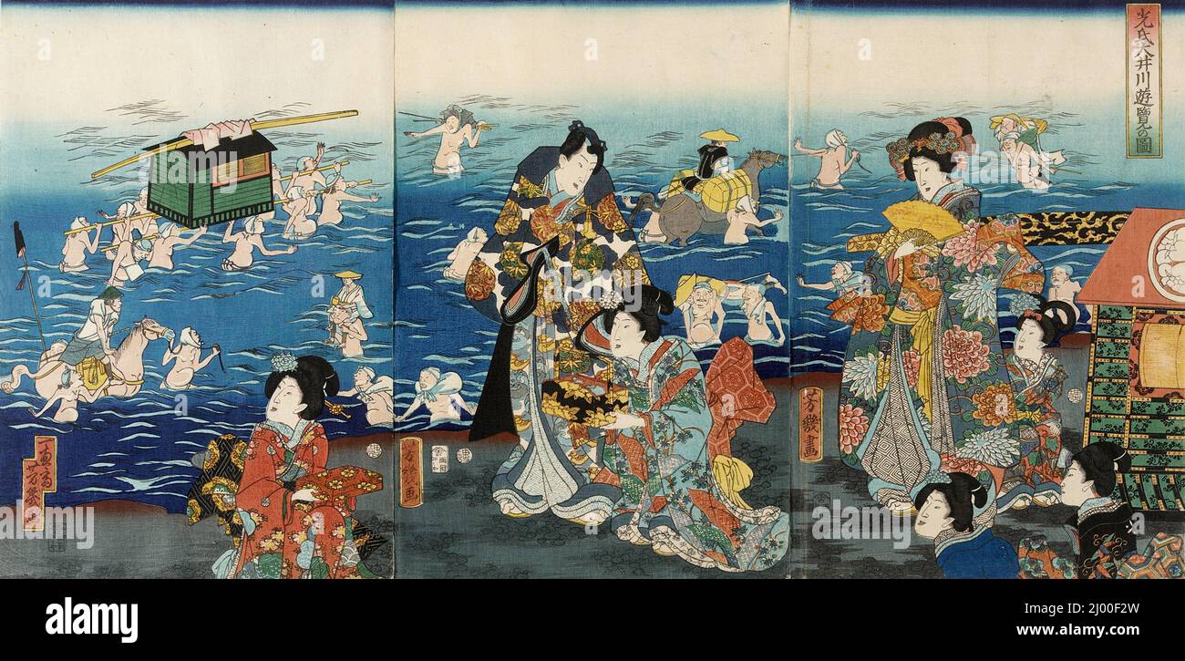 Mitsuuji Pleasuring by the Ōi River. Utagawa Yoshiiku (Japan, 1833-1904). Japan, 1861, 11th month. Prints; woodblocks. Triptych; color woodblock prints Stock Photo