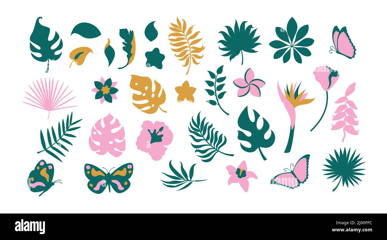 Abstract set with flat art tropical leaves. Stock Vector