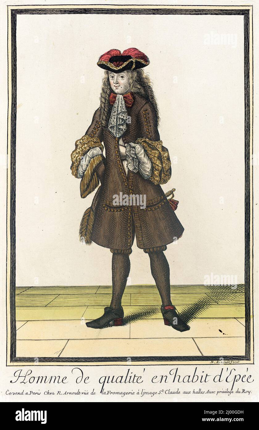 Recueil des modes de la cour de France, 'Homme de qualité en habit d'epée'.  Nicolas Arnoult (France, circa 1650-1722). France, Paris, 1678-1681.  Prints. Hand-colored engraving on paper Stock Photo - Alamy