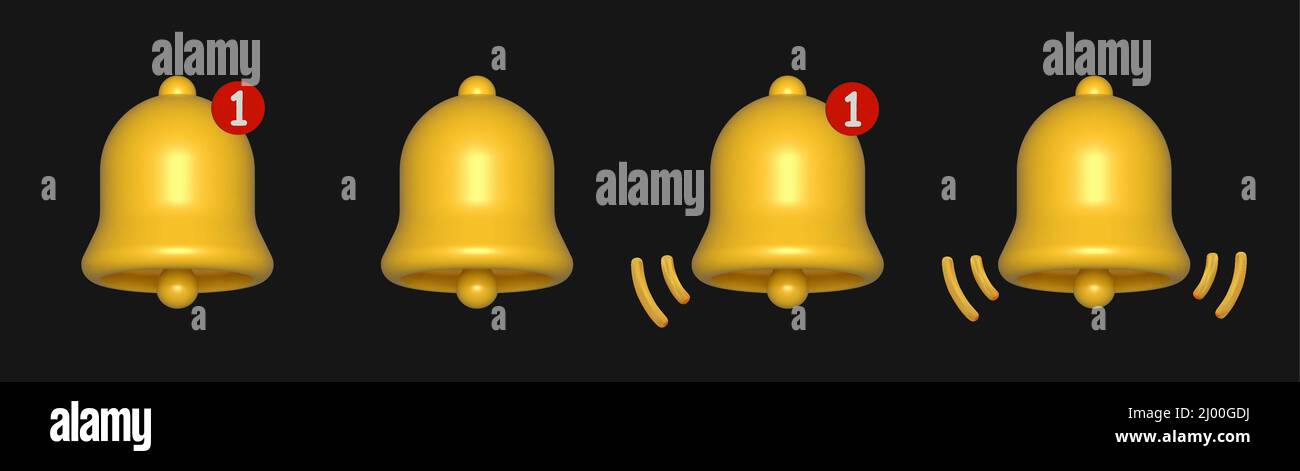 3d notification bells front view set isolated on black background.  Stock Vector