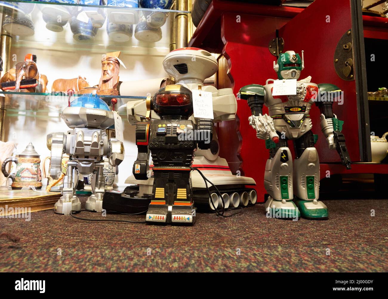 Vintage toy robots in a second hand store Stock Photo Alamy