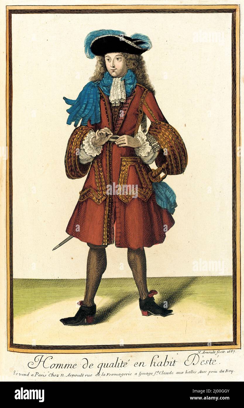 Recueil des modes de la cour de France, 'Homme de qualité en habit D'esté'.  Nicolas Arnoult (France, circa 1650-1722). France, Paris, 1687. Prints.  Hand-colored engraving on paper Stock Photo - Alamy