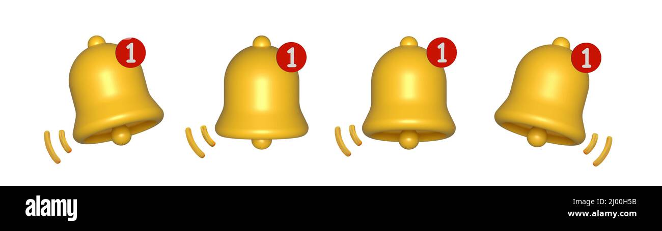 3d notification bells front view set isolated on white background. 3d render. Stock Vector