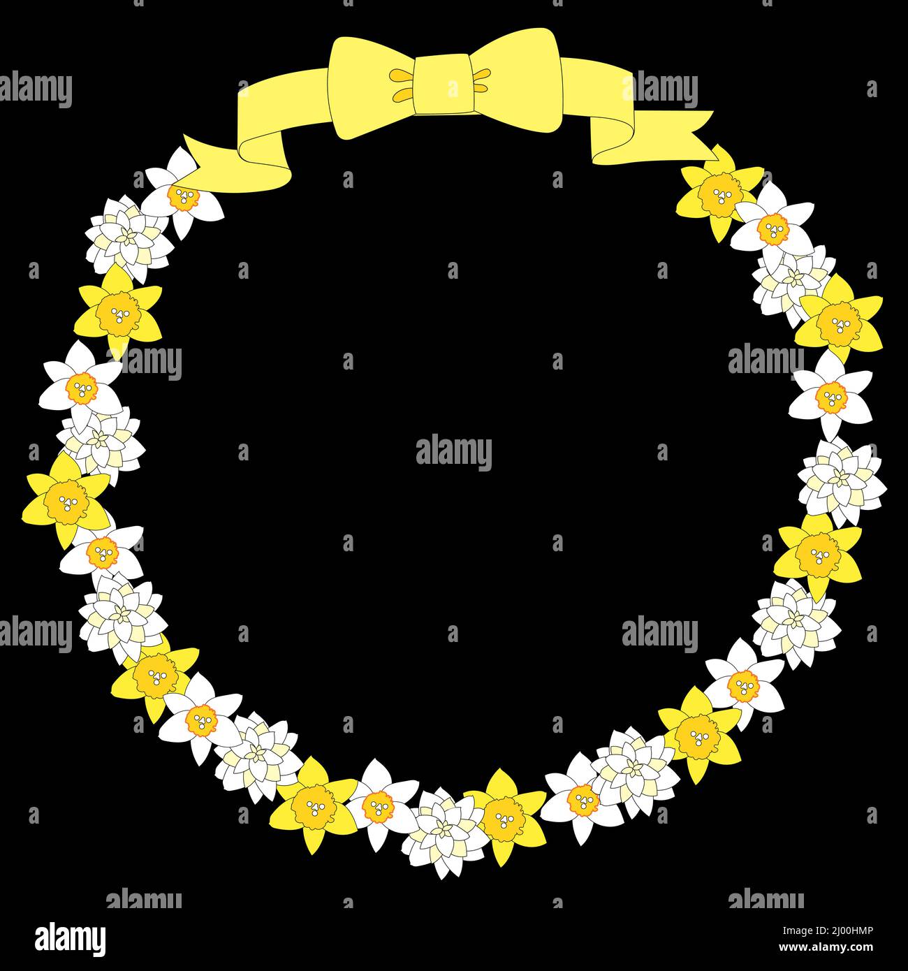 A round frame of yellow daffodil flowers and a ribbon with black background Stock Photo