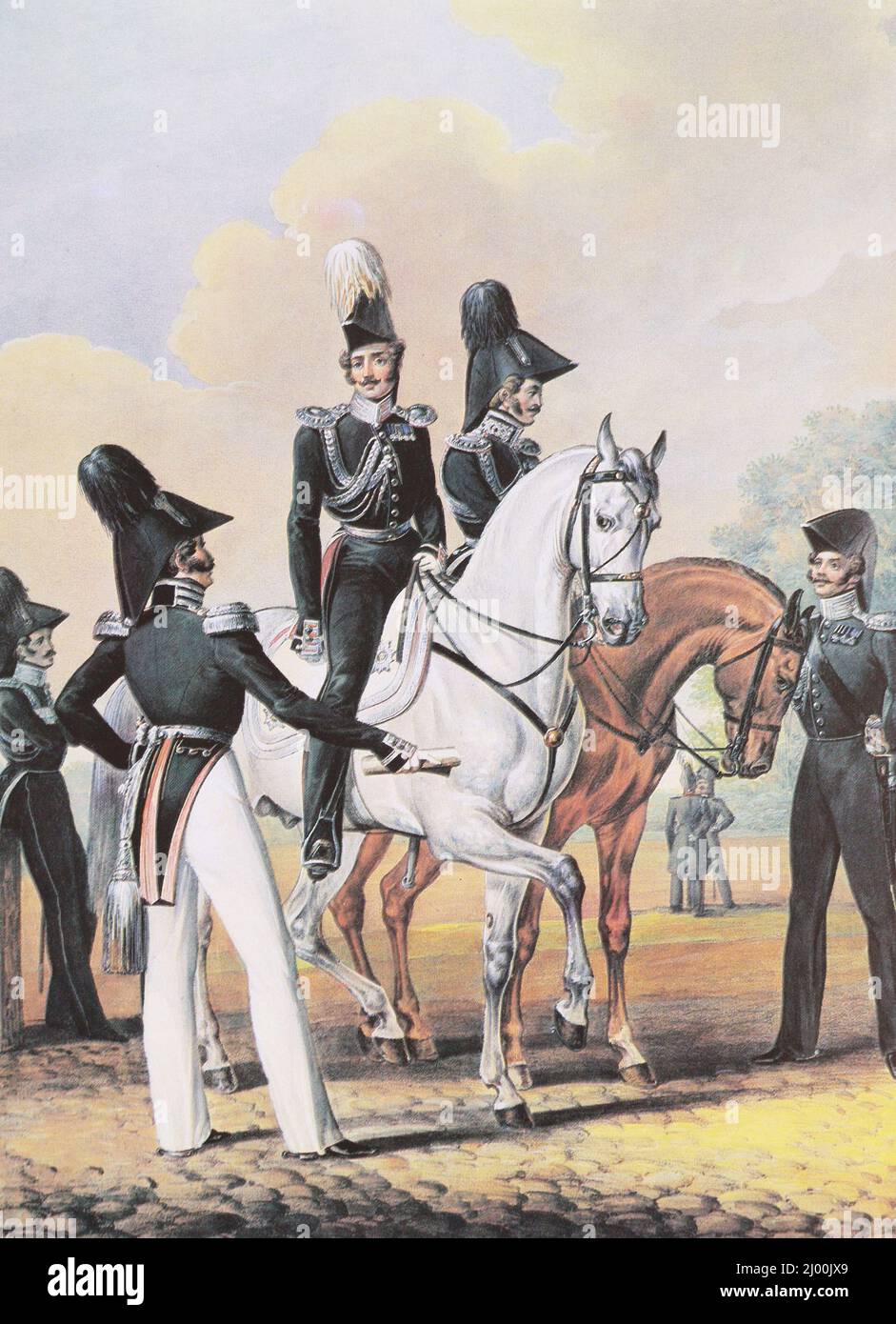 Headquarters officer of the guards engineers, chief officer of the guards General Staff and guards adjutants. Painting from the 1830s. Stock Photo