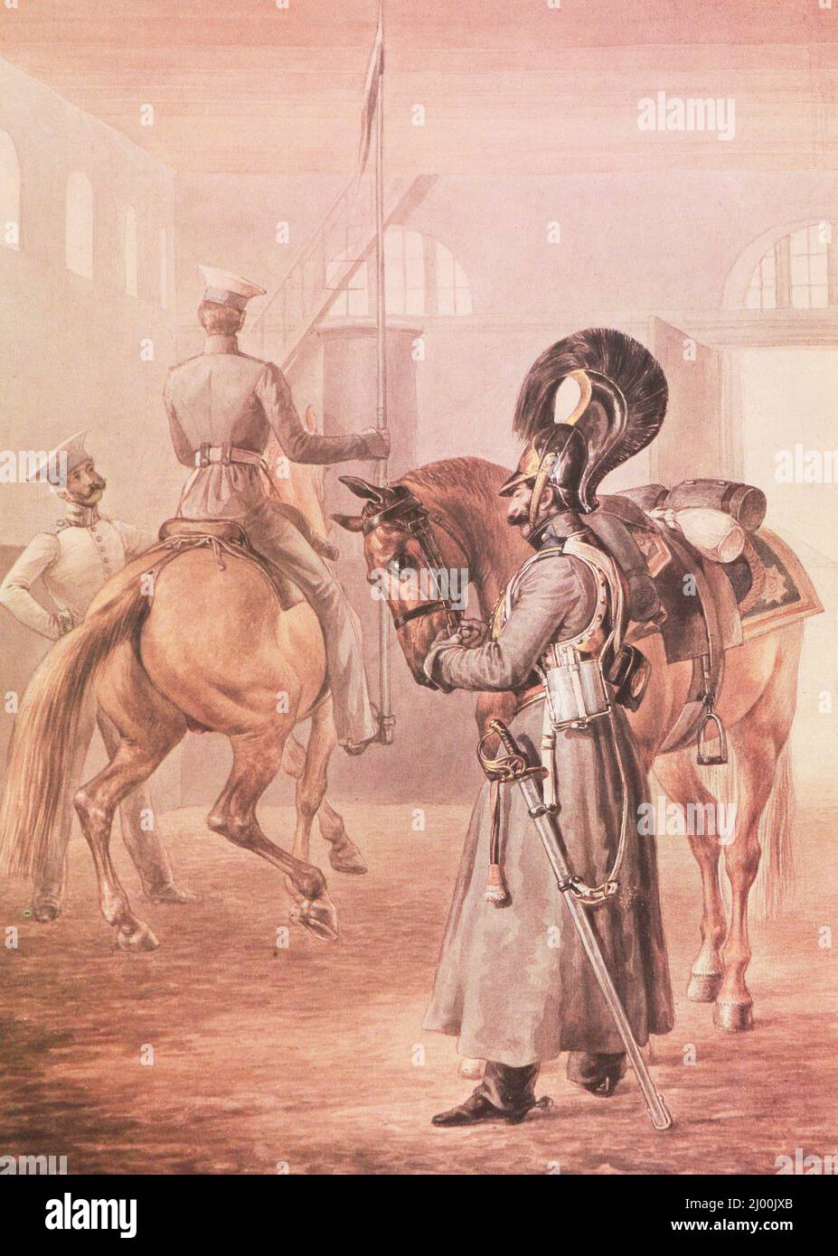 In the arena of the Life Guards Cuirassier Regiment of the Russian Army. Painting from the 1830s. Stock Photo