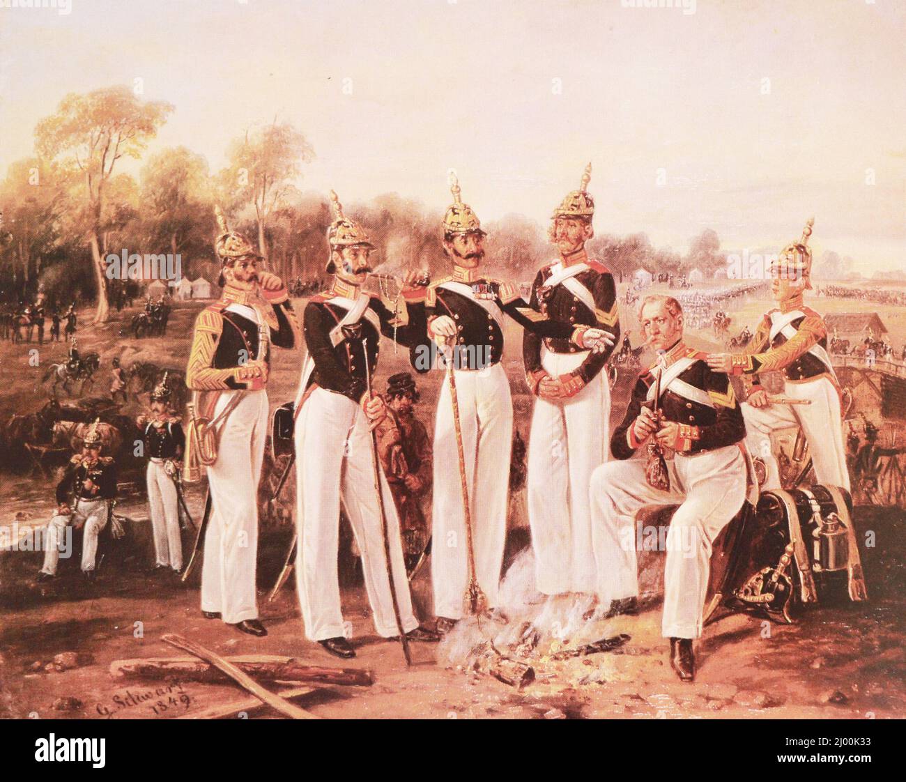Non-commissioned officers of the Life Guards of the Finland Regiment in front of the camp. Painting from 1849. Stock Photo