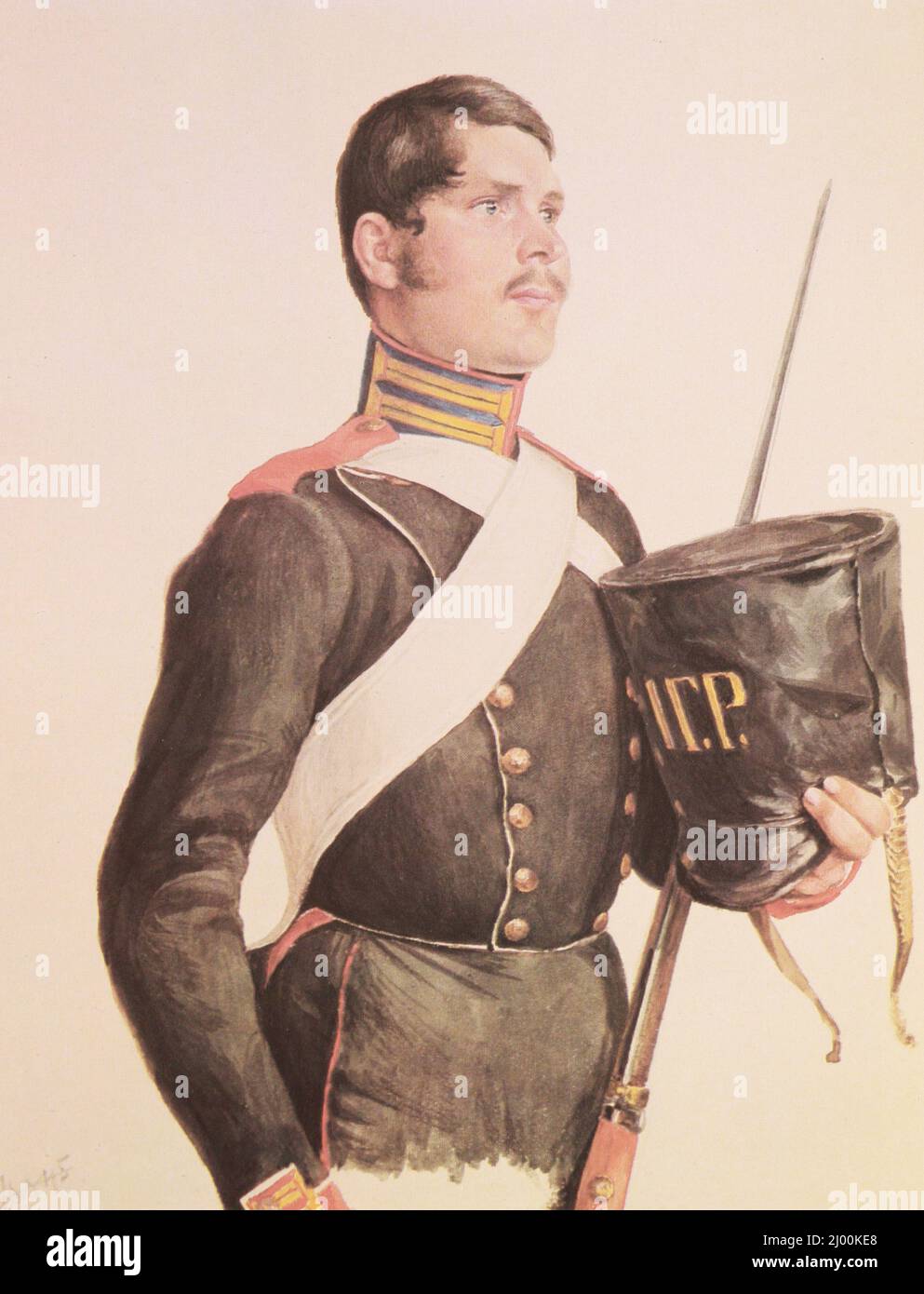 Portrait of A. Kopytov - Private Life Guards Semenovsky Regiment of the Russian Empire. Painting from 1832. Stock Photo