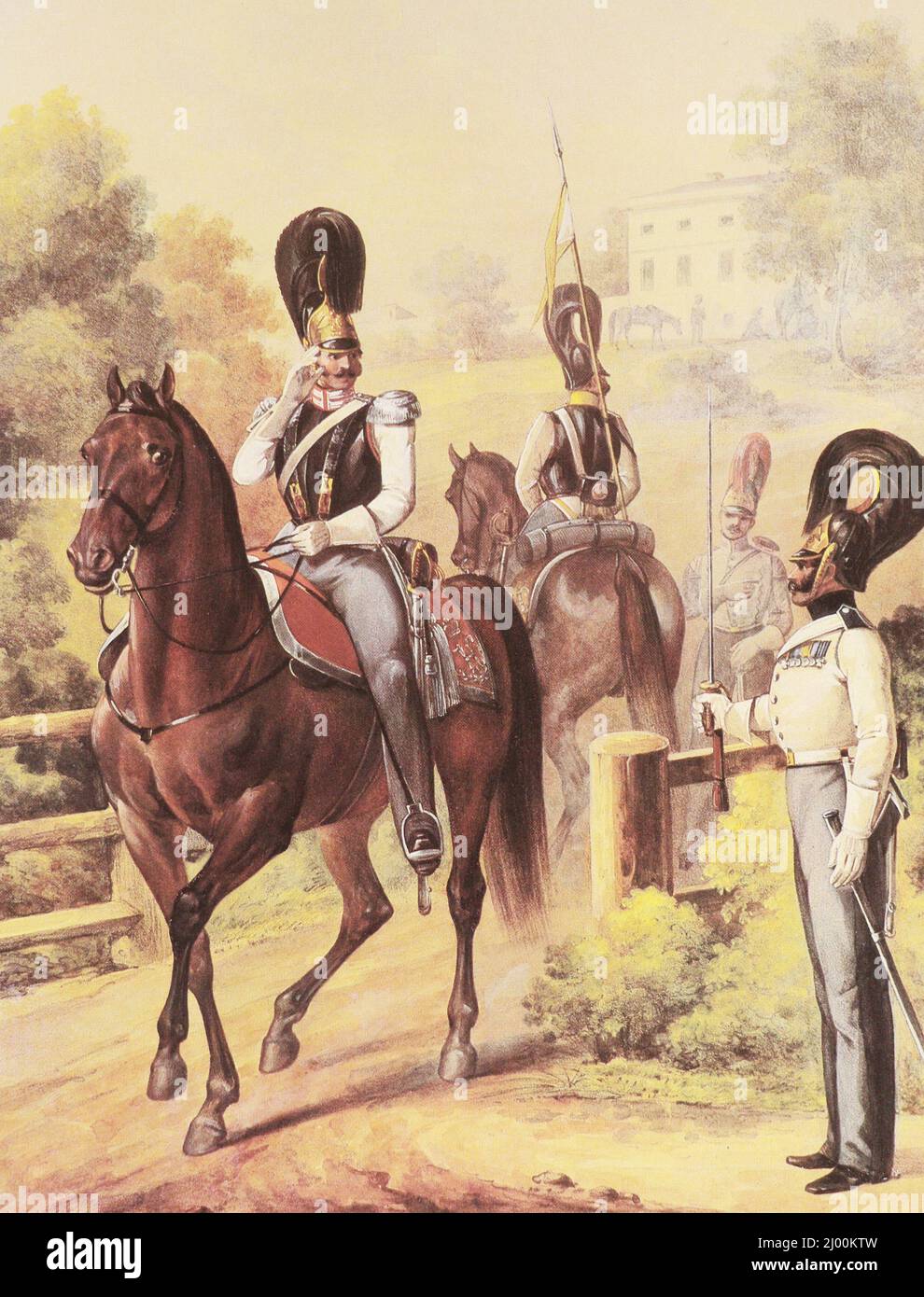 Staff officer, privates and trumpeter of the 1st Cuirassier Division of the Russian Army. Painting from 1840. Stock Photo
