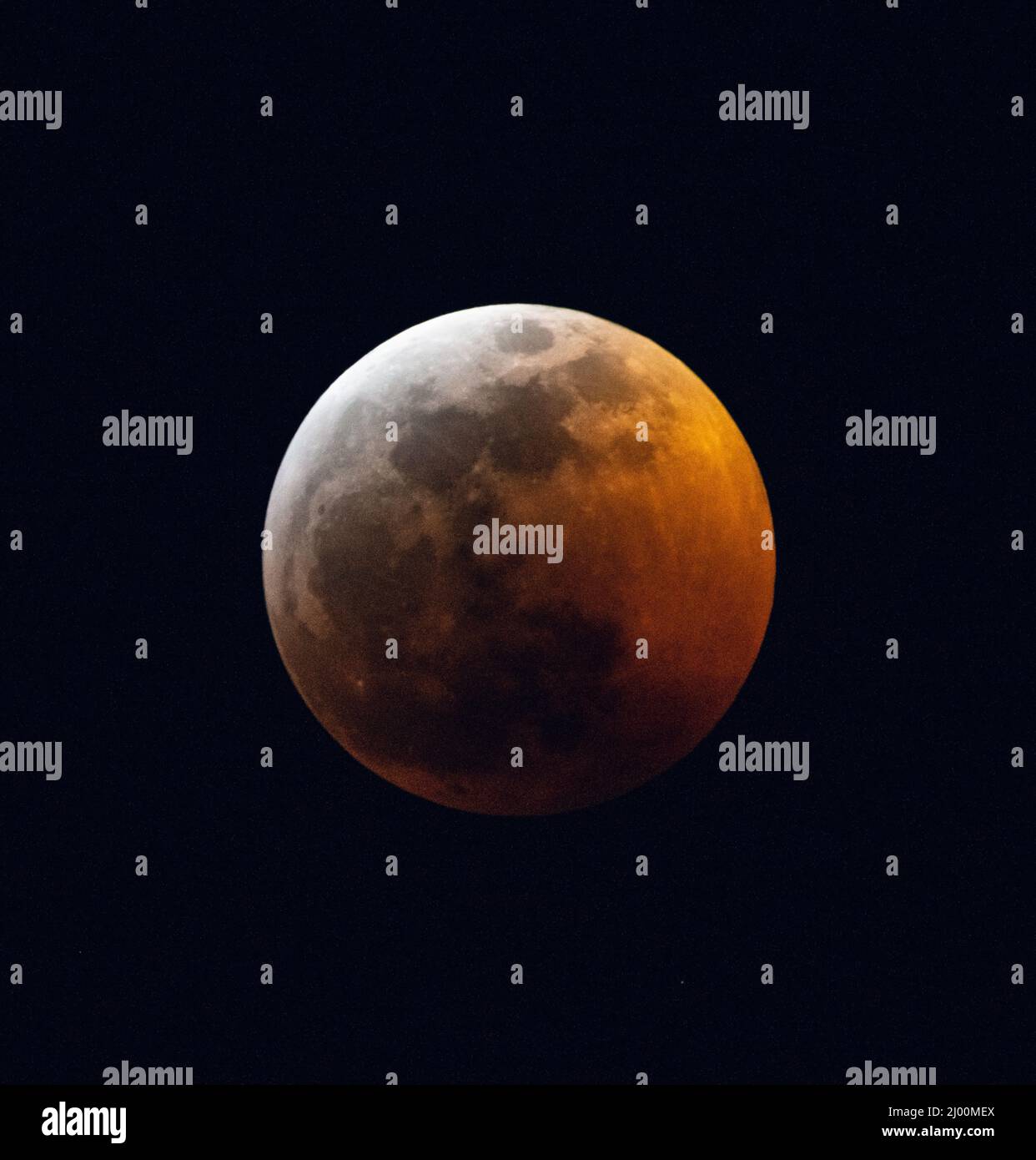 Low angle shot of the blood moon, lunar eclipse in the dark night sky ...