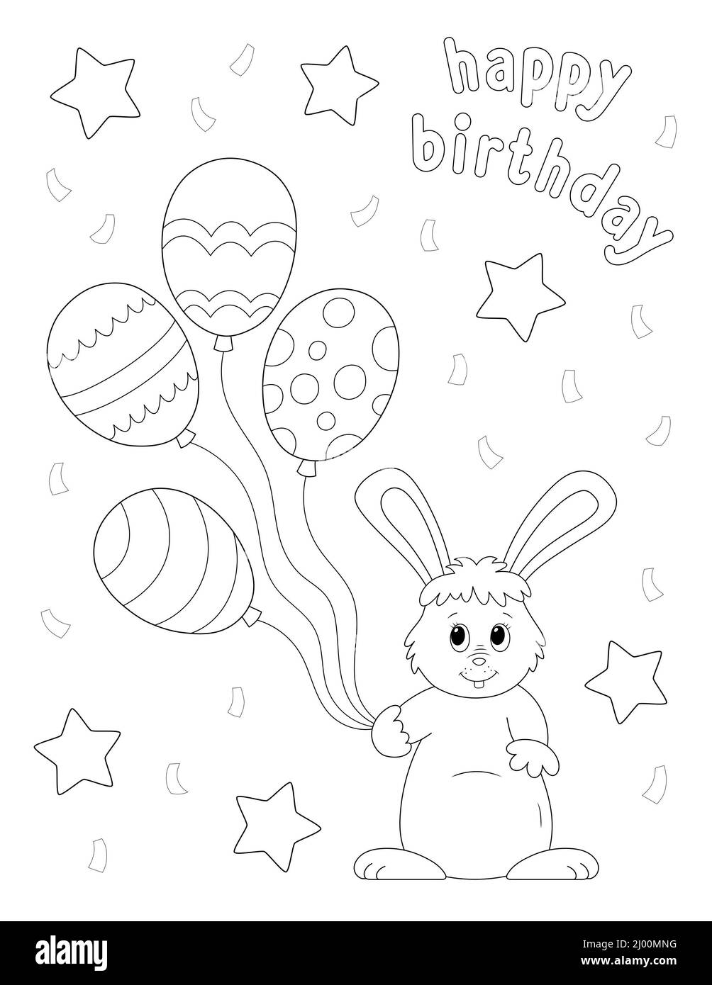 happy birthday coloring page with a cute rabbit holding balloons. vertical orientation Stock Photo