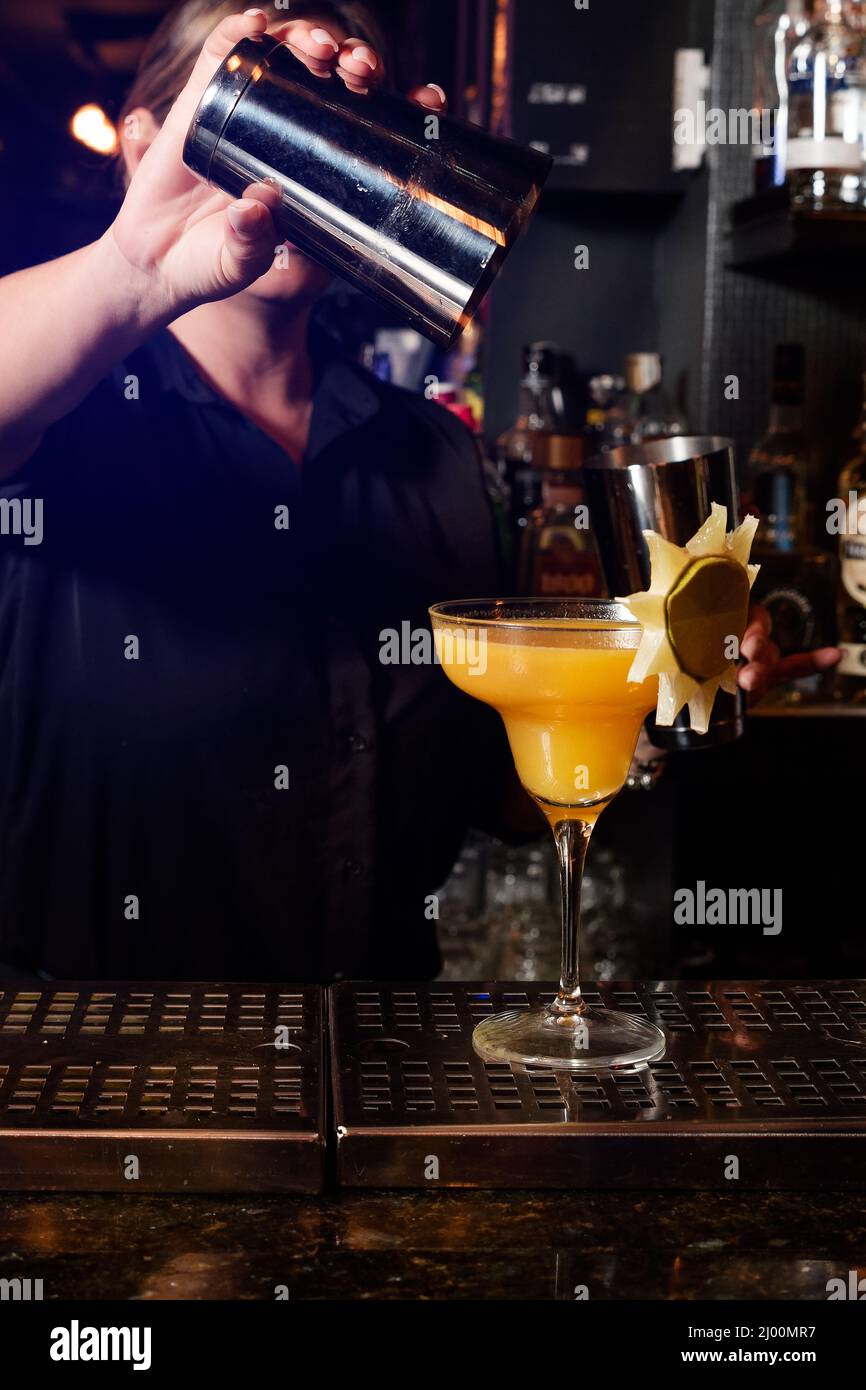 Latina prepares a cocktail at a bar counter. job waitress profession Stock Photo Alamy