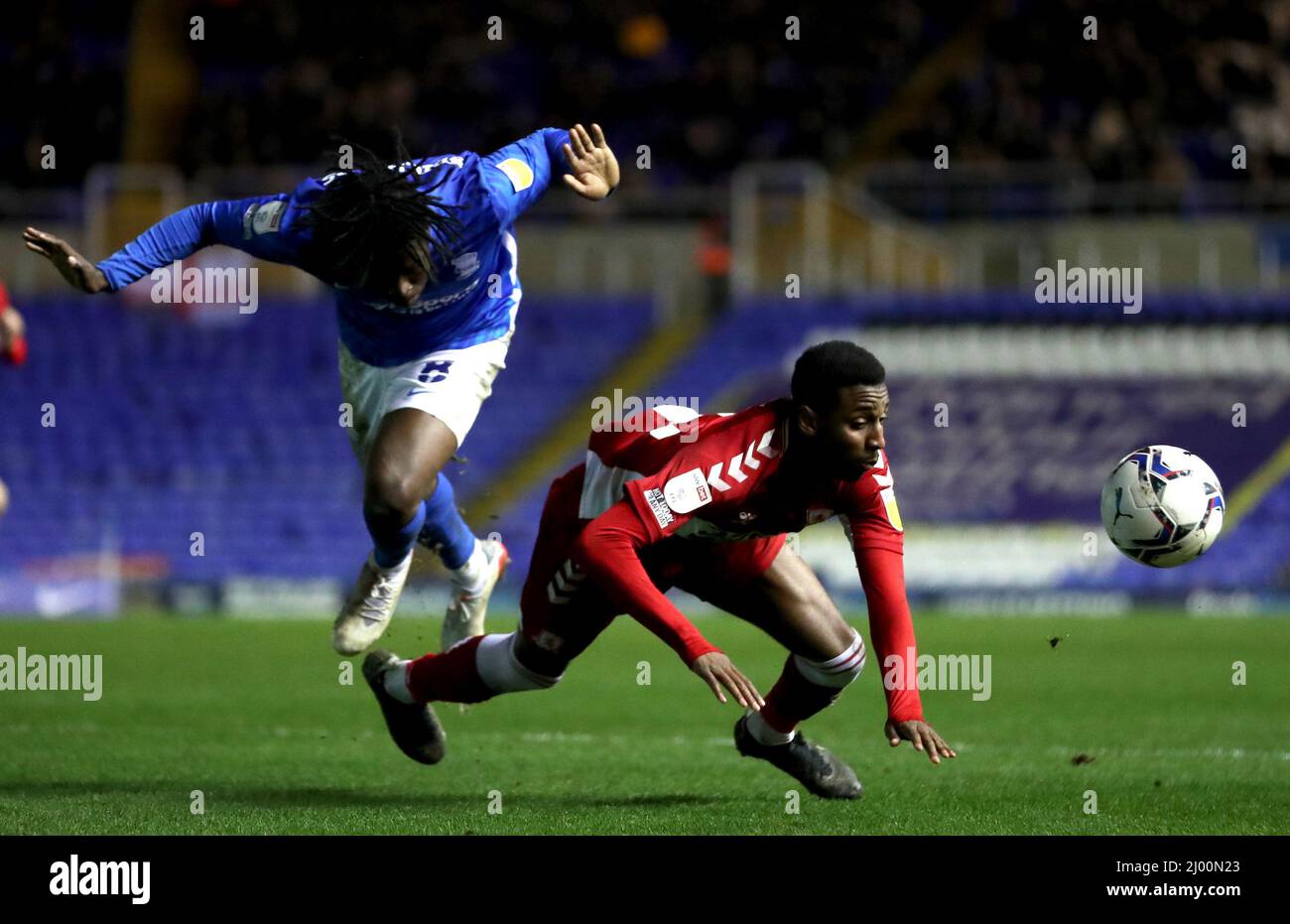 Birmingham City's Taylor Richards (left) fouls Middlesbrough's Isaiah Jones to concede a penalty during the Sky Bet Championship match at St. Andrew's, Birmingham. Picture date: Tuesday March 15, 2022. Stock Photo