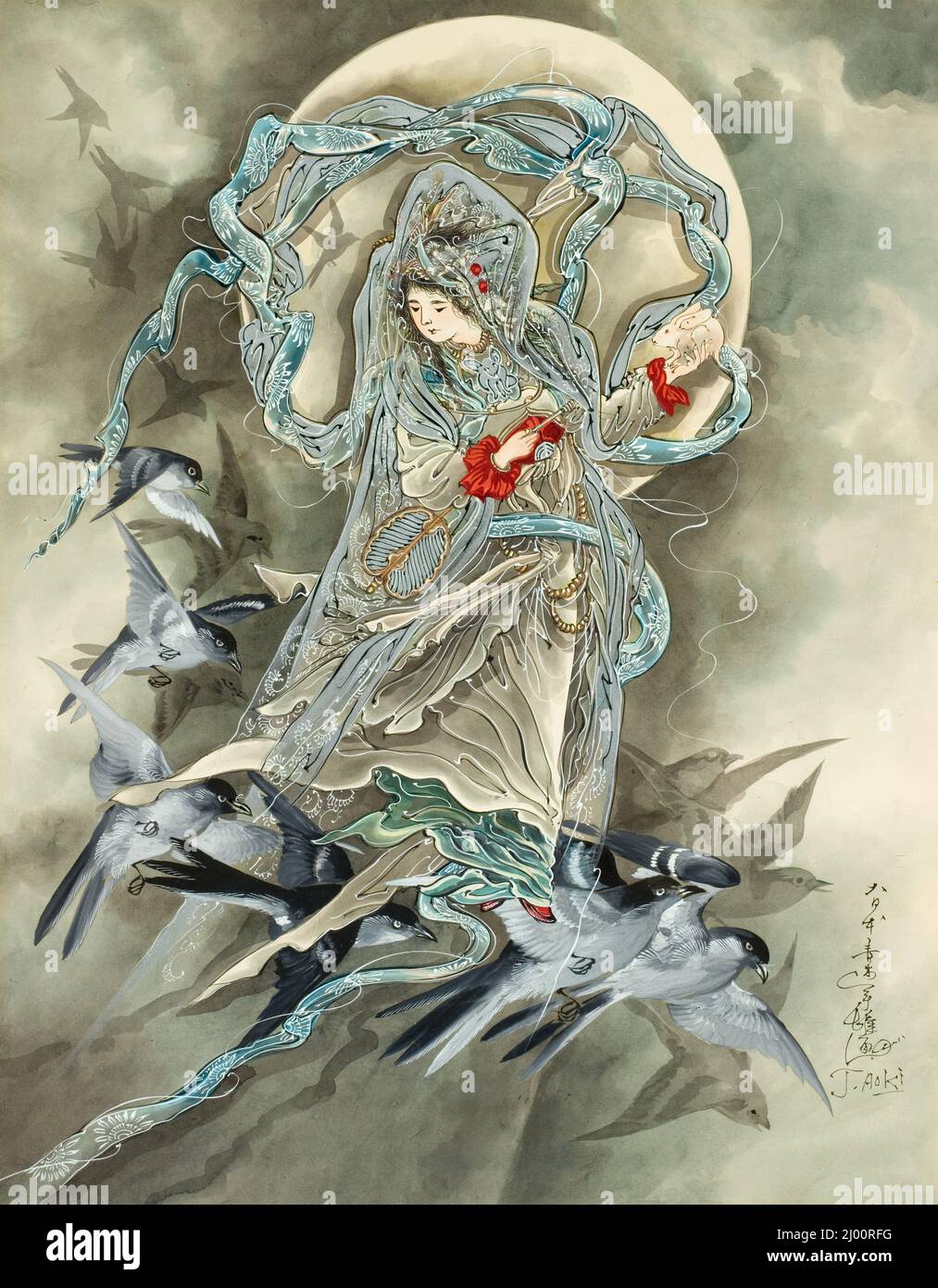 Woman with Birds. Toshio Aoki (Japan, active United States, 1854-1912). United States, 1890s. Drawings. Watercolor on paper Stock Photo