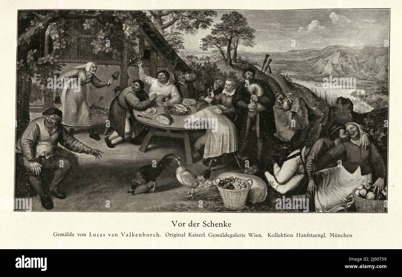 People drinking listening to music in front of a tavern, man playing bagpipes, Flemish, after Lucas van Valckenborch 16th Century Stock Photo