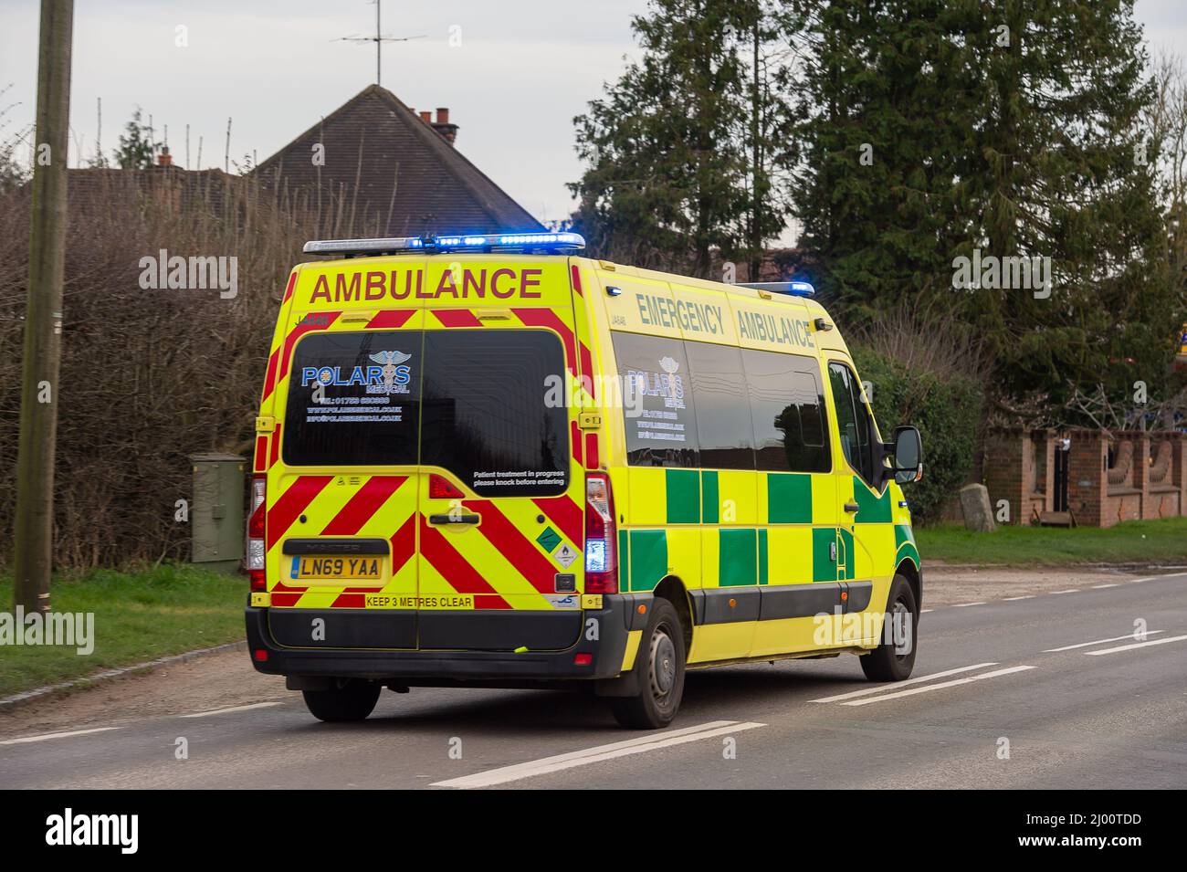Aylesbury, Buckinghamshire, UK. An emergency ambulance from Stoke Mandeville Hospital on the A413 in Aylesbury this evening. As Covid-19 cases begin to spiral upwards once again, the number of daily cases reported today were 109,802 which is up 47,902 compared to last week. Credit: Maureen McLean/Alamy Live News Stock Photo