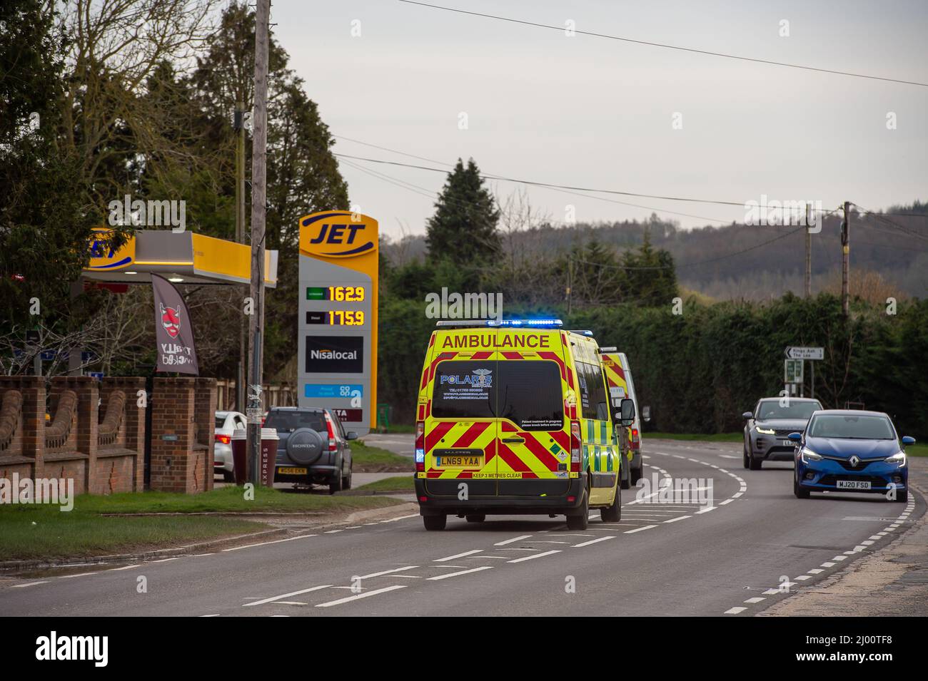 Aylesbury, Buckinghamshire, UK. An emergency ambulance from Stoke Mandeville Hospital on the A413 in Aylesbury this evening. As Covid-19 cases begin to spiral upwards once again, the number of daily cases reported today were 109,802 which is up 47,902 compared to last week. Credit: Maureen McLean/Alamy Live News Stock Photo