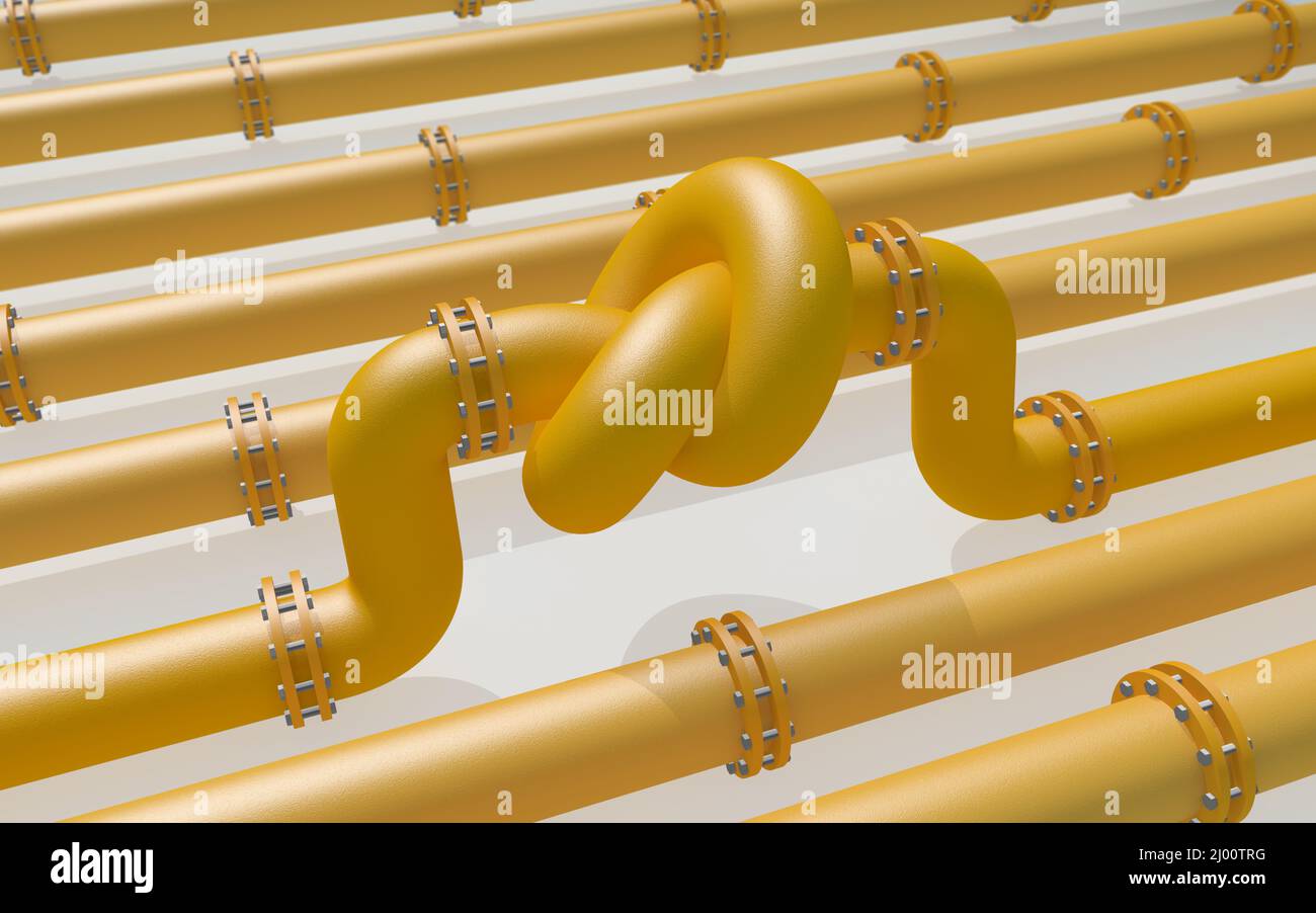 Fuel gas pipeline with a knot on white background. Industrial economic sanctions. Energy embargo. Oil import export from the world fuel trade market Stock Photo