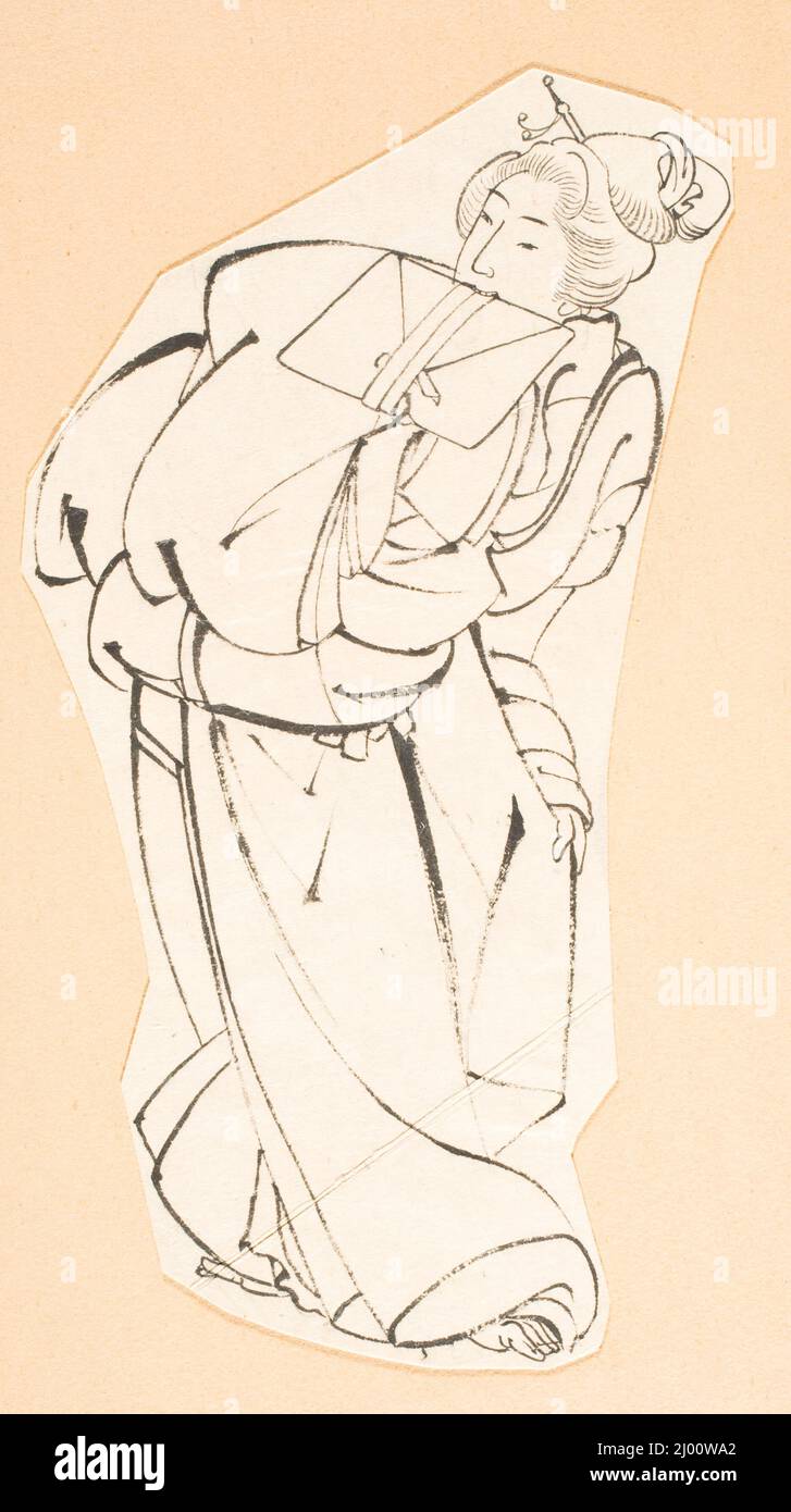 Woman holding a package in her mouth. Katsushika Hokusai (school