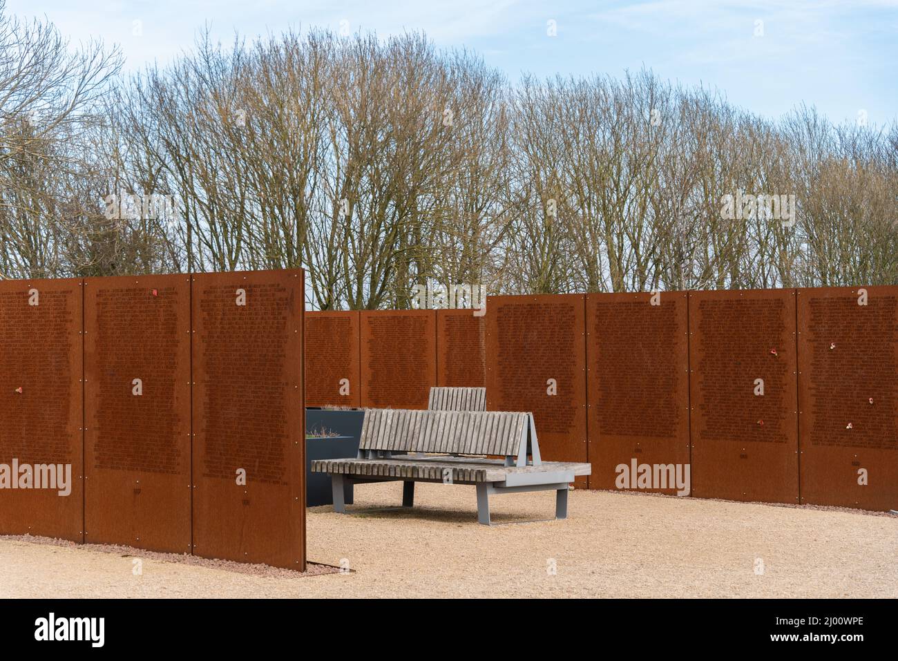 Bomber Command, Lincoln, arboretum site, memorial, national remembrance, Lincolnshire, RAF bomber county, seating area, spire monument, beacon, tower. Stock Photo