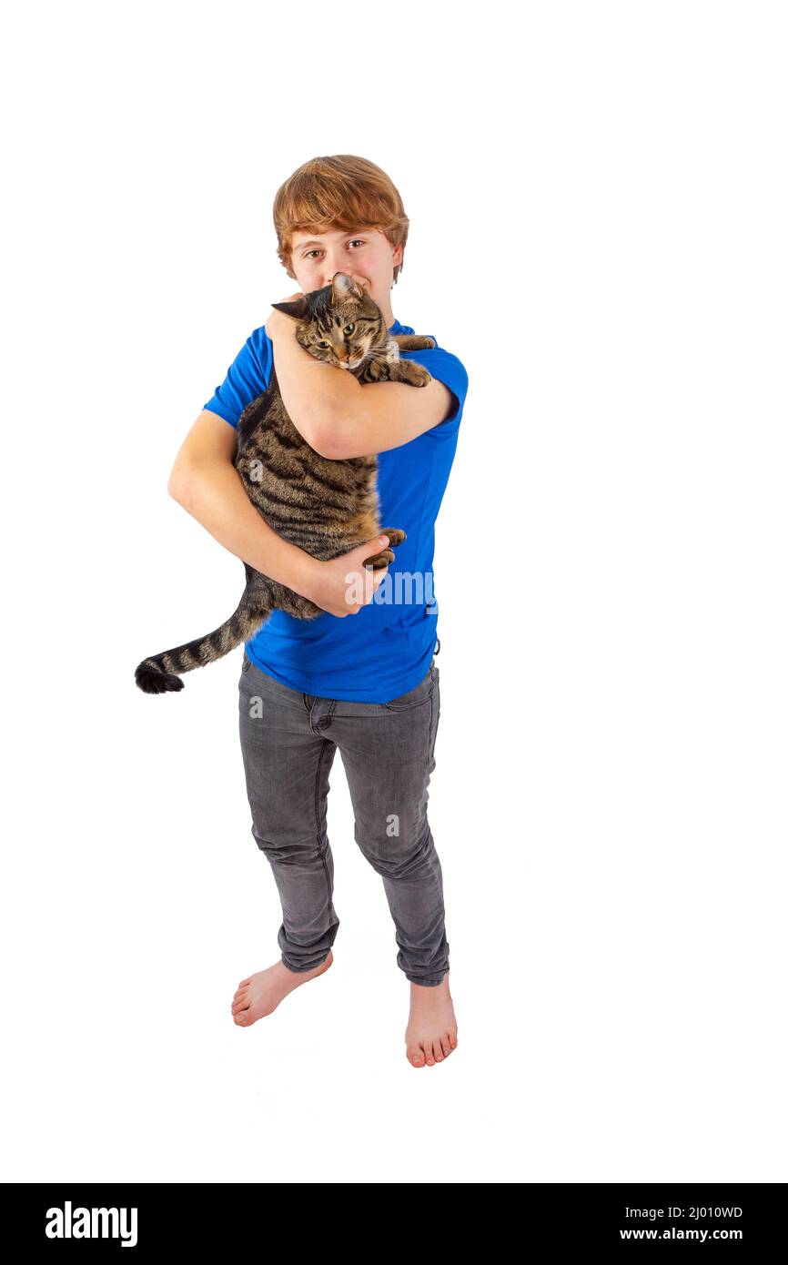 boy hugging with his cat Stock Photo