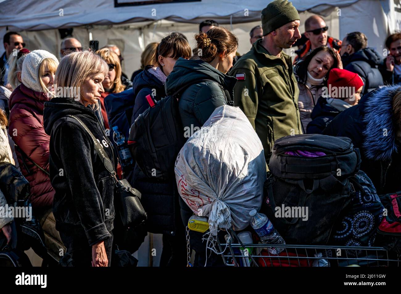 War in Ukraine, refugee in Medyka, Poland, crossing border Stock Photo