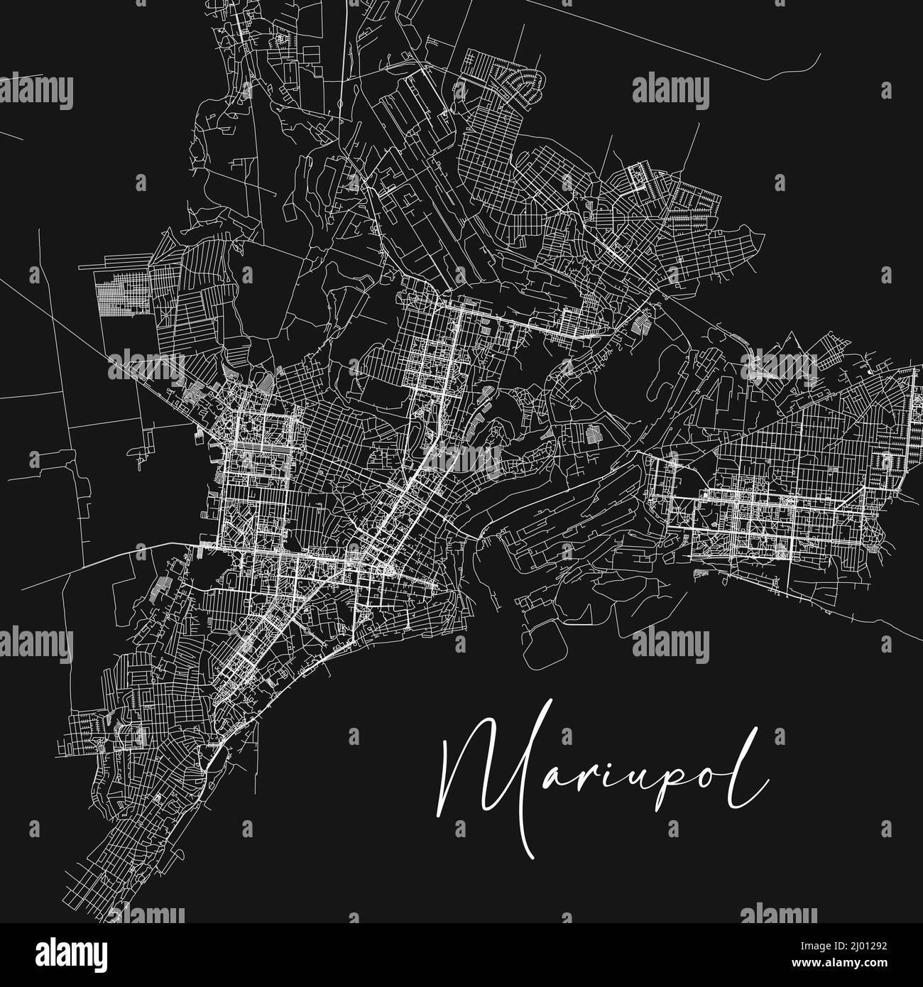 Mariupol black white vector map. Detailed vector map of Mariupol city administrative area. Cityscape poster. Stock vector illustration isolated Stock Vector