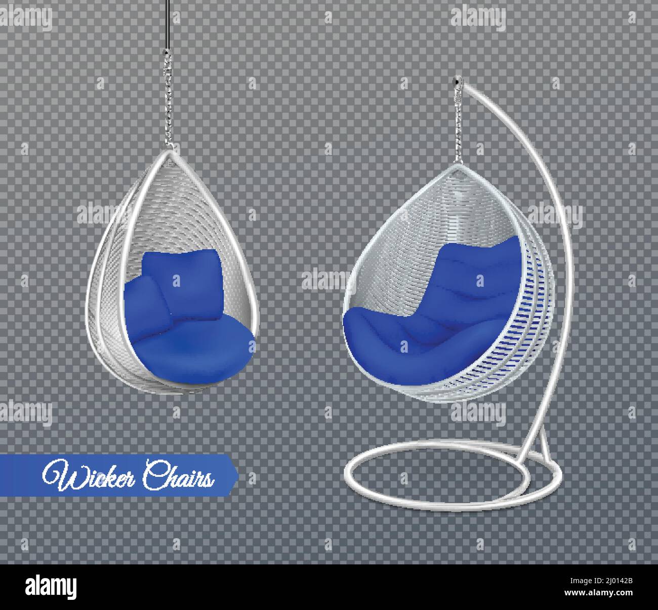 White wicker hanging swing chairs realistic composition on transparent
