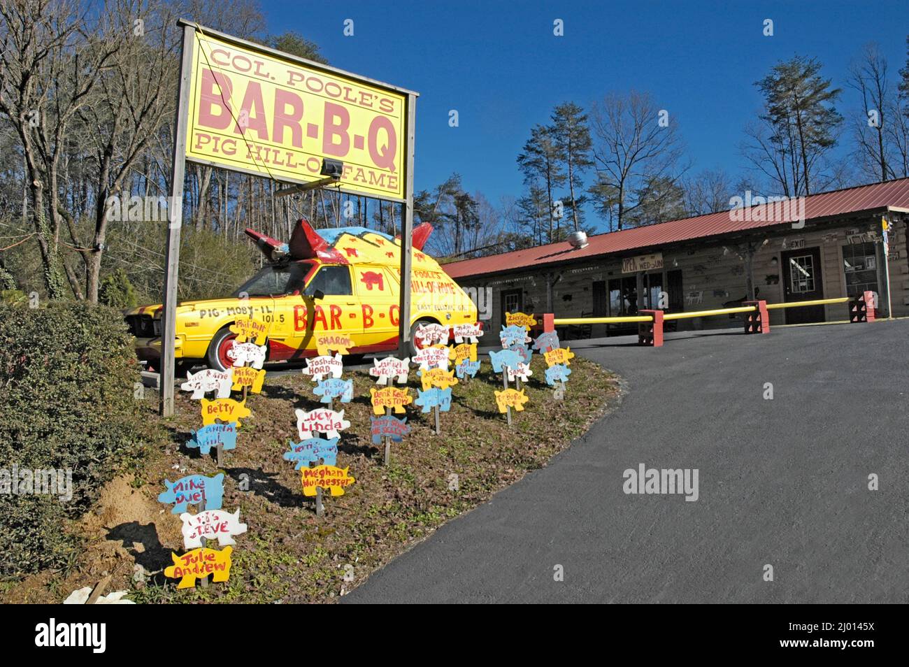 Col. Poole's Pig Hall of Fame and Pigmobile car in the hills of North