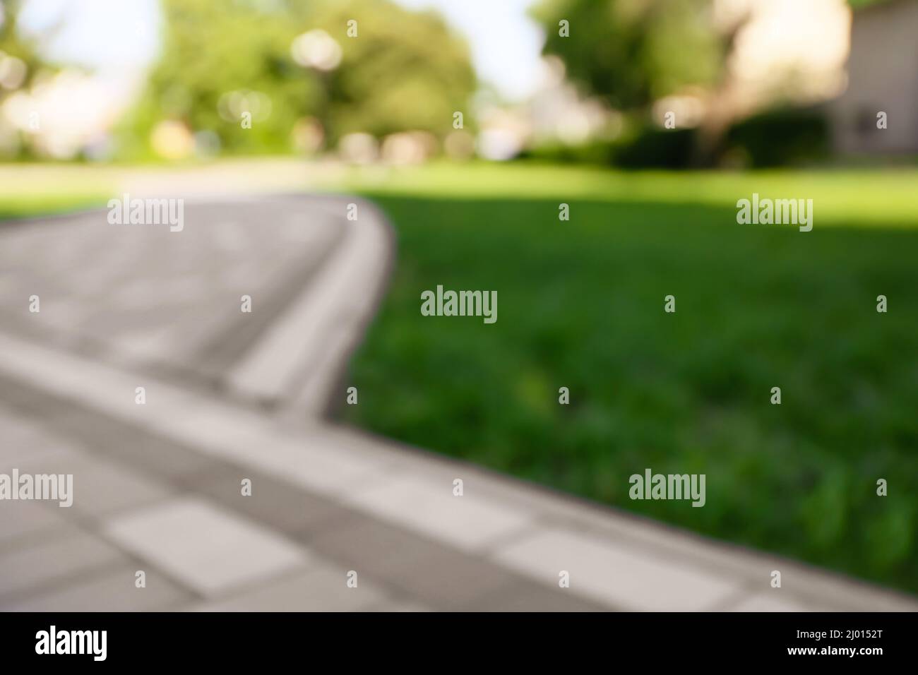Blurred view of alley and green grass in park Stock Photo - Alamy