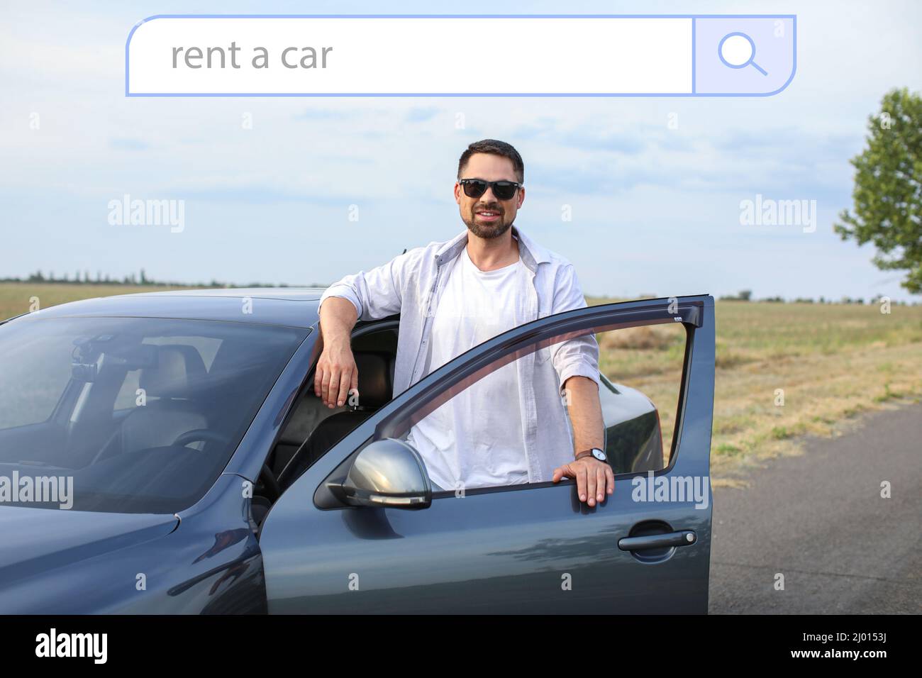 Car Rental Man Handsome man near his modern automobile outdoors. Rent car Stock Photo ...