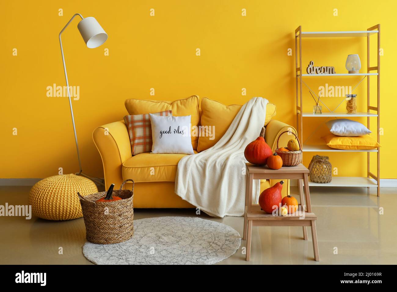 Interior of beautiful living room with sofa and autumn decor Stock ...