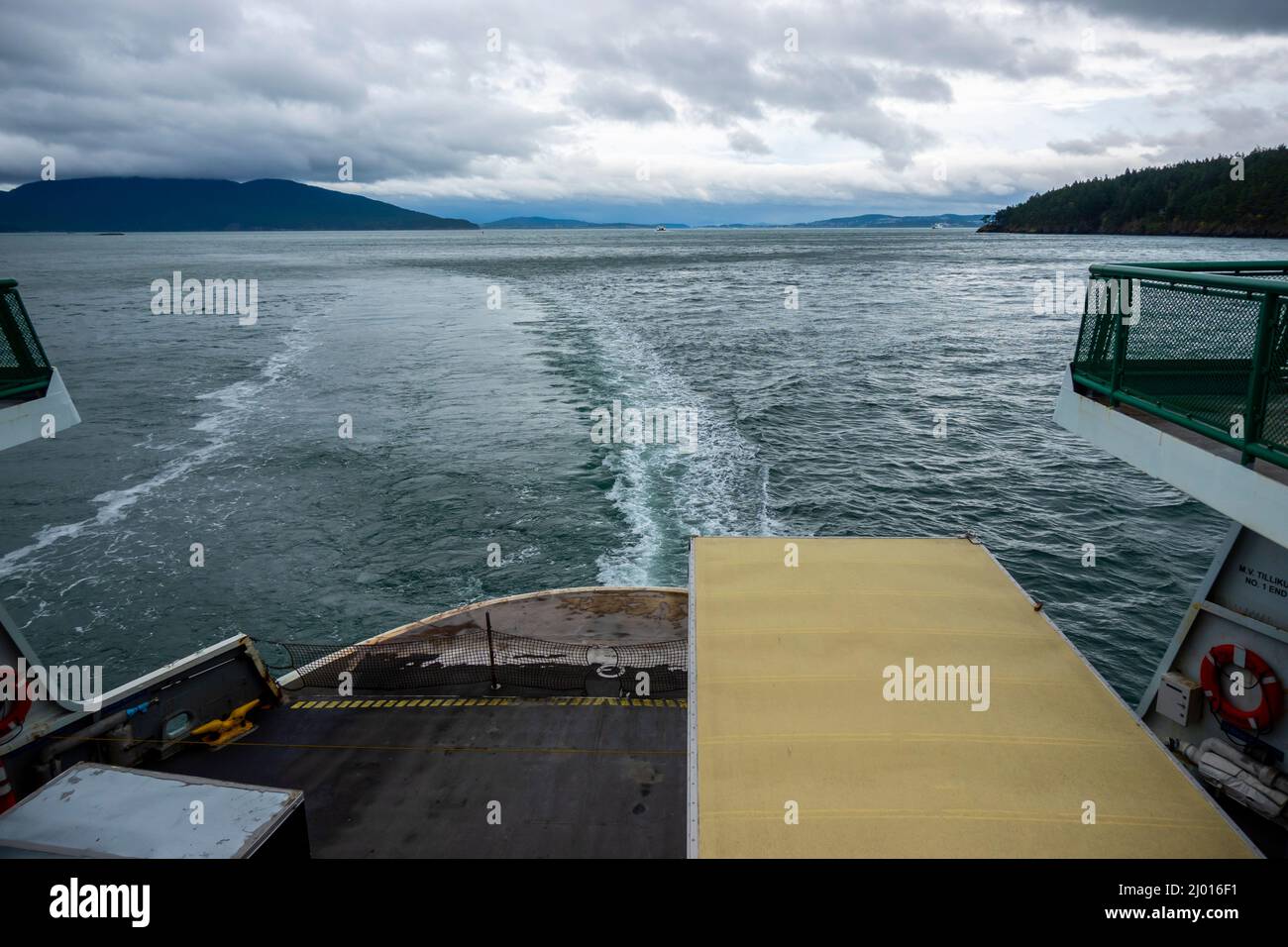 San Juan Islands, WA USA - circa November 2021: View of the back of a Washington State Ferry. Stock Photo
