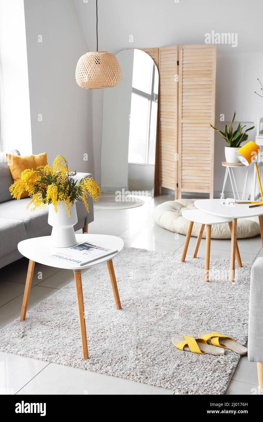 Vase with mimosa flowers on table and sofa in interior of living room ...