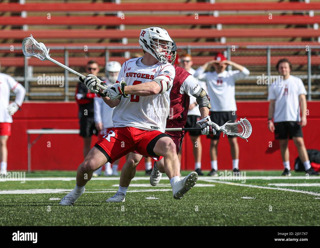 Piscataway, NJ, USA. 15th Mar, 2022. Rutgers midfielder Tommy Coyne (6) fires off a shot during an NCAA lacrosse game between the Lafayette Leopards and the Rutgers Scarlet Knights at SHI Stadium in Piscataway, NJ. Rutgers defeated Lafayette 22-10. Mike Langish/Cal Sport Media. Credit: csm/Alamy Live News Stock Photo