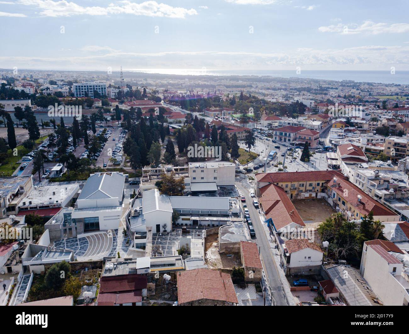Areal view of the old police station building and Paphos center in Cyprus at day Stock Photo