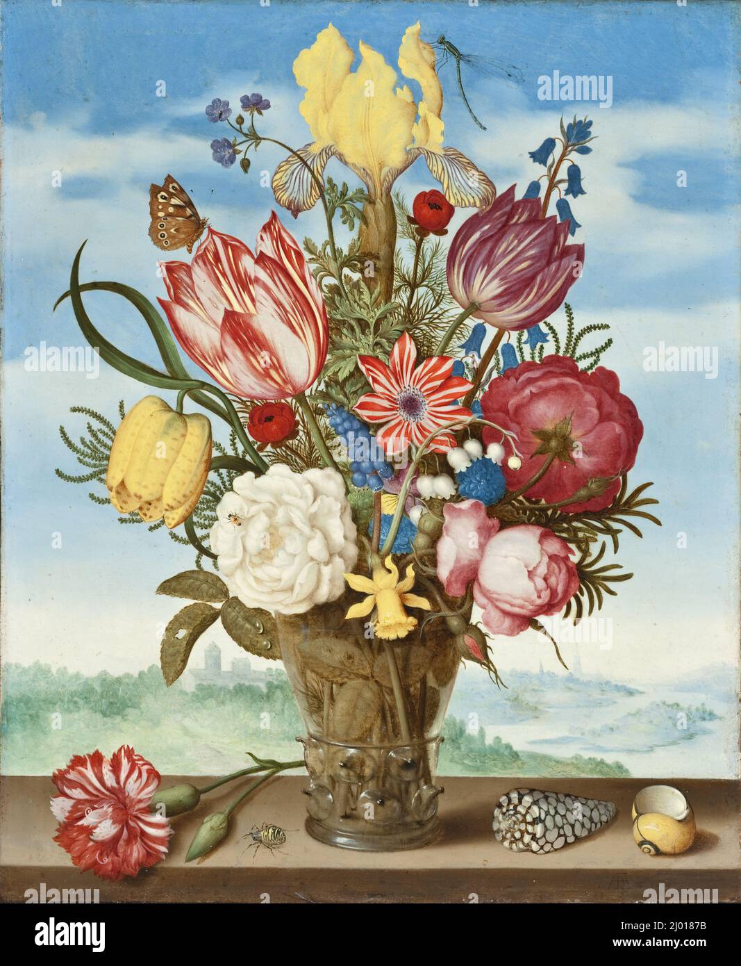 Bouquet of Flowers on a Ledge. Ambrosius Bosschaert (Netherlands, Middelburg, 1573-1621). Holland, 1619. Paintings. Oil on copper Stock Photo