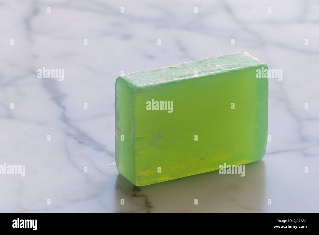soap bar on marble close up view with backlit natural daylight Stock Photo