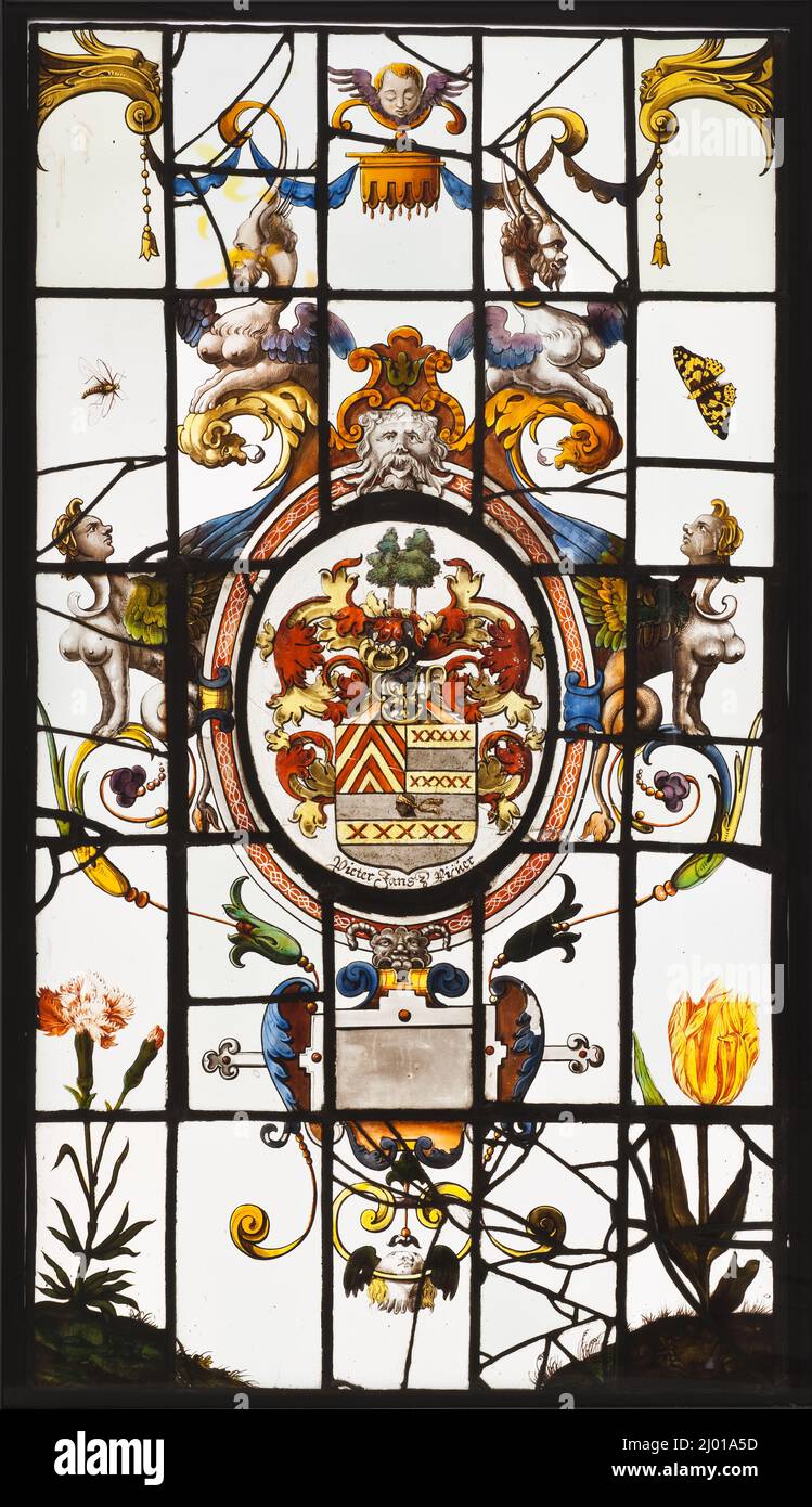 Heraldic Panel. Netherlands, circa 1625. Architecture; Architectural Elements. White glass with silver stain and enamel Stock Photo
