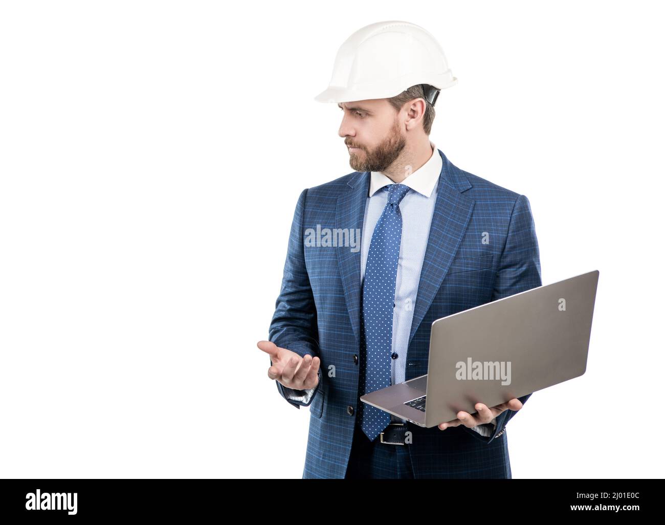 Civil engineer in hardhat and suit hold laptop computer isolated on ...