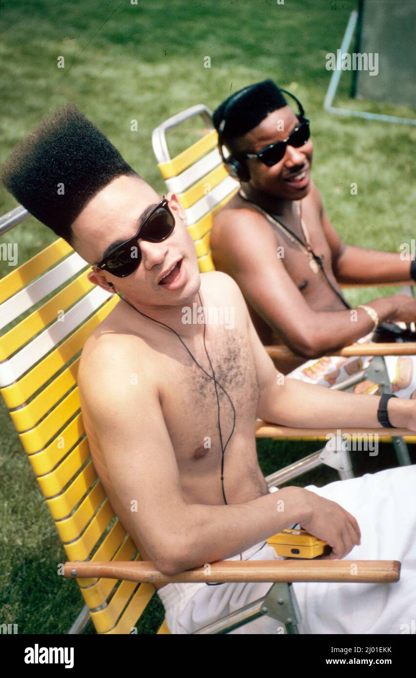 New York City,NY NYC,Long Island Hempstead Kid n’ Play,Black male men rap singers hip hop,making music video shoot high top haircut, Stock Photo