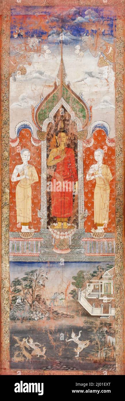 Buddha Shakyamuni with Monks and the Sama Jataka. Thailand, late 19th century. Drawings; watercolors. Opaque watercolor on silk Stock Photo