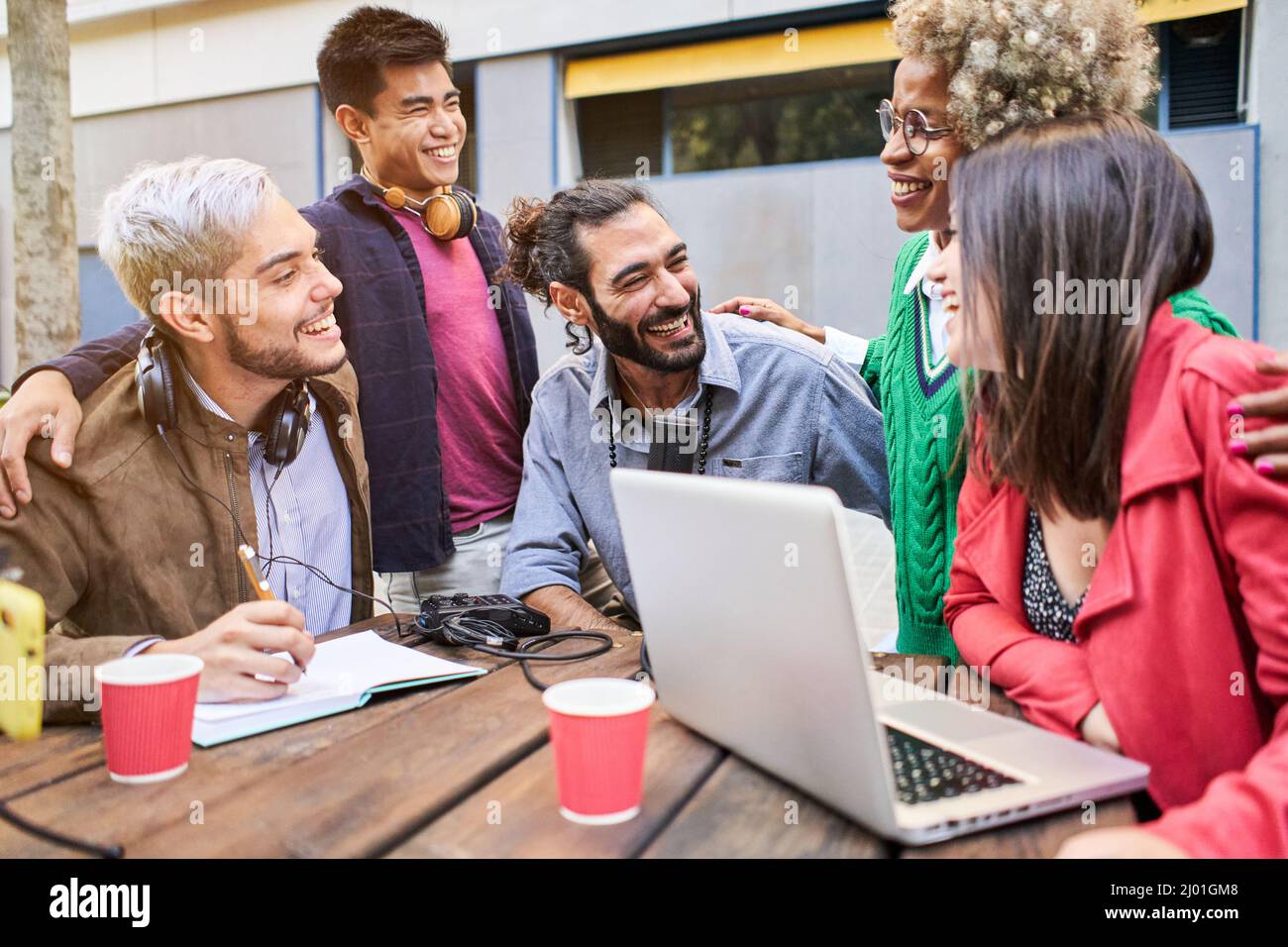 Diverse People Studying Students Campus Concept. Colleague Brainstorming togethers using laptop. Stock Photo